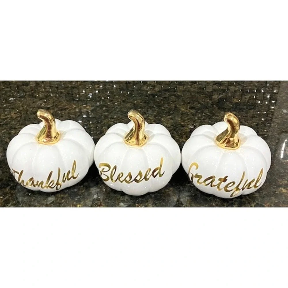 Fall Pumpkins Set of 3 White Ceramic with Gold Script Blessed Grateful Thankful